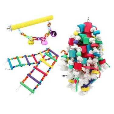 Imagem de Generic 3x Brinquedos de balanço para pássaros Blocos de madeira para rasgar, Rede colorida para pássaros, Suporte para poleiro de com sinos para