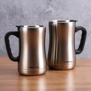 Imagem de Caneca Térmica Parede Dupla em Aço Inox Marrom 400ml com Tampa Hermética - Estilo Esportivo