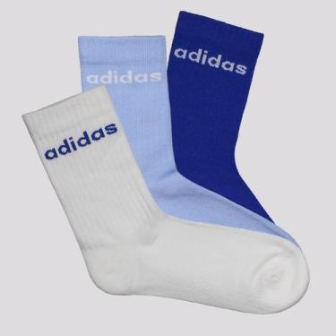 Imagem de Kit Meia Adidas ESS Linear Crew 3 Pares Infantil Branca e Azul, PP