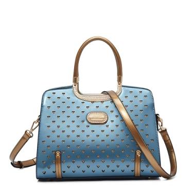 Imagem de Bolsa feminina elegante – Bolsa de couro envernizado de designer, brincos de coração e strass, alça superior com alça transversal, Azul claro