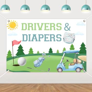 Imagem de Cheereveal Decorações de chá de bebê de golfe, pano de fundo para motoristas e fraldas de 1,5 x 0,9 m, verde e azul, fundo para fotografia de festa com tema de golfe, adereços para cabine de fotos de