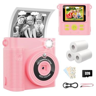 Imagem de WONNIE Câmera infantil com impressão instantânea, brinquedo portátil para crianças de 3 a 12 anos, câmera digital selfie 1080p com tela de 2,4 polegadas e cartão de 32 GB, presentes de aniversário de