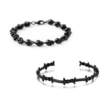 Imagem de PJWONG Conjunto de 2 pulseiras góticas com contas de caveira de esqueleto para homens e mulheres punk de arame farpado punk, presente, One Size, Liga de aço, Sem Pedra Preciosa