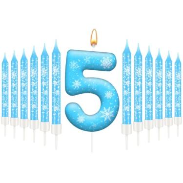 Imagem de Conjunto de 13 velas de aniversário com tema de Frozen branco e azul - velas azuis com número de flocos de neve, decorações temáticas de floco de neve, suprimentos de festa para meninas (número 5)