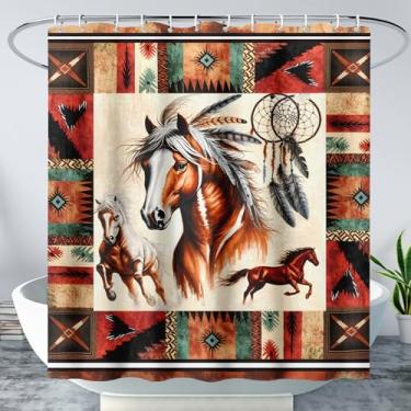 Imagem de AILONEN Cortina de chuveiro Dreamcatcher Cavalo Galopante, Cortina Boho étnica asteca nativa americana 152 cm L x 183 cm A para decoração de banheiro