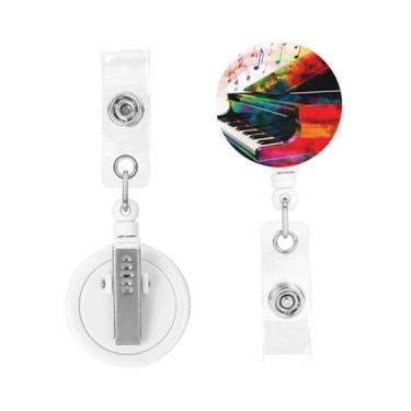 Imagem de Porta-crachá retrátil com clipe de cinto, carretel de crachá de plástico leve, porta-chaves retrátil para cartão de identificação, suporte de cartão de nome, colorido, piano, teclado, música, crachá