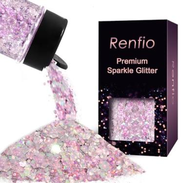 Imagem de Renfio Glitter holográfico grosso, 50 g, glitter de resina iridescente prata, pó fino camaleão, lantejoulas hexagonais grossas misturadas para copos de globo de neve, resina, artesanato, decoração de