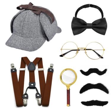 Imagem de Conjunto de 8 peças de acessórios de fantasia de detetive, fantasia de detetive dos anos 20 com chapéu de detetive, suspensórios nas costas, gravata borboleta, lupa, bigode, fantasia dos anos 20 para