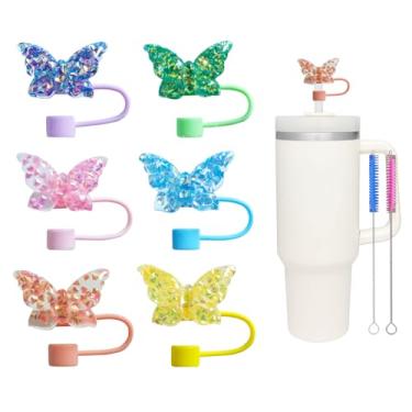 Imagem de 6 peças de capa de canudo de borboleta brilhante de 10 mm para copo Stanley, topo de canudo à prova de poeira para copos de 30 e 1,134 g e garrafas de água, acessórios reutilizáveis para copos Stanley