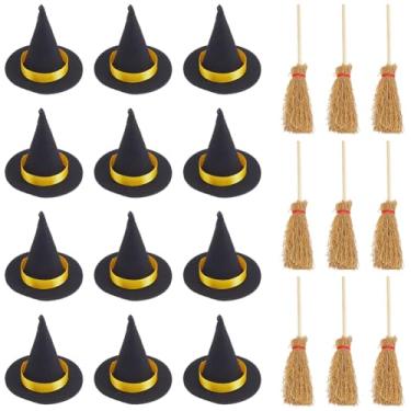 Imagem de CRASPIRE 24 peças de mini chapéus de bruxa pretos de feltro, vassouras, vassouras, vassouras, decorações de Halloween, poliéster, para miniaturas, feiticeiro, casa de bonecas, lembrancinhas