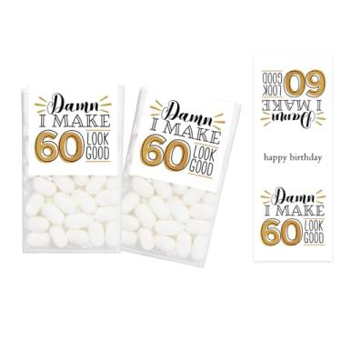 Imagem de Decorações de lembrancinhas de festa de aniversário de 60 anos para doces Tic TACS, adesivos de presente de feliz aniversário de 60 anos para mulheres e homens, adesivos de presente engraçados