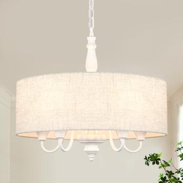 Imagem de Lustres de fazenda de 45 cm para sala de jantar, lustre de tambor branco envelhecido de 5 luzes com sombra de linho, lustre redondo moderno pendente rústico para quarto, sala de estar, hall de entrada