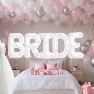 Imagem de Conjunto de balões com letras "BRIDE" de 101 cm – Inclui 30 arcos e 30 balões perolados para chá de panela, despedida de solteira, decorações de casamento - Acessórios de noiva (rosa)