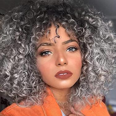 Imagem de Sabosi Perucas Afro Curtas Curtas Cinzentas para Mulheres Negras, Peruca Cinza Ombre Kinky com Franja Cabelo Sintético Resistente ao Calor para Uso Diário