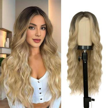 Imagem de Peruca loira longa ombré para mulheres, 66 cm, parte do meio, ondulada, cabelo encantador, realista, aparência natural, peruca de fibra sintética resistente ao calor para uso diário em festas