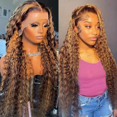 Imagem de Yeeaak Peruca frontal de renda ombré, cabelo humano, 33 x 15 cm, destaque, HD, transparente, onda profunda, peruca frontal para mulheres, loira mel, 4/27, sem cola, densidade de 180%, pré-arrancada