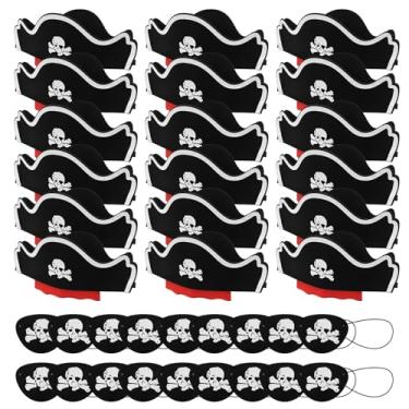 Imagem de Saihisday Chapéu de pirata de 36 peças com tapa-olho para encenação de festa pirata, acessório de chapéu clássico de piratas do Caribe, preto