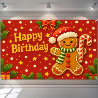 Imagem de HOMETITUTE Decorações de faixa de feliz aniversário, 188 x 109 cm, pano de fundo de festa de homem de gengibre, bengala, vermelho, bolinhas, para crianças, Natal, inverno, aniversário, decorações para