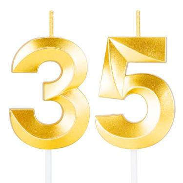 Imagem de Velas de aniversário de 35 anos para bolo, velas douradas para topo de bolo de feliz aniversário, decorações de aniversário para ela, festa de aniversário de casamento