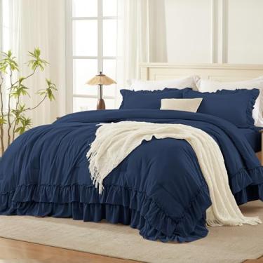 Imagem de Andency Conjunto de edredom casal azul marinho (199 x 230 cm), 3 peças, estilo fazenda chique, conjunto de cama de microfibra leve e macia para todas as estações