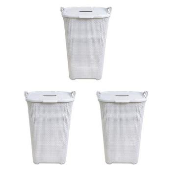 Imagem de Kit 3 Cestos Rattan Grande C/ Tampa Basculada Branco-Arqplast