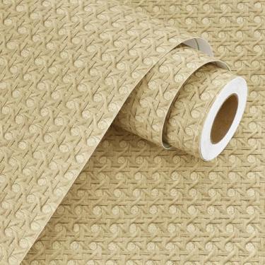 Imagem de WESTICK Papel de parede para armários de 1,000 x 40 cm com textura falsa de vinil de trama de cana autoadesivo, rolo de trama de vime, à prova d'água, papel de contato de rotim para paredes gavetas de