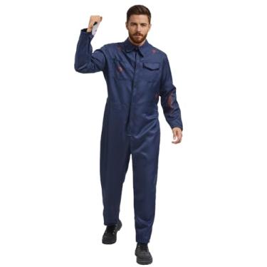 Imagem de jiobabe Halloween Scary Killer Costume Men Adult Serial Killer Cosplay Jumpsuit Coveralls with Blood Blue Overalls Outfit with Blood Knife Mask GR045XL