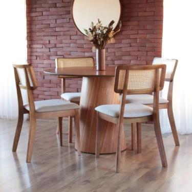 Imagem de Sala de Jantar Mesa de 90cm Redonda Tampo de BP Amadeirado com 4 Cadeiras em Madeira Maciça e Telinha Rattan