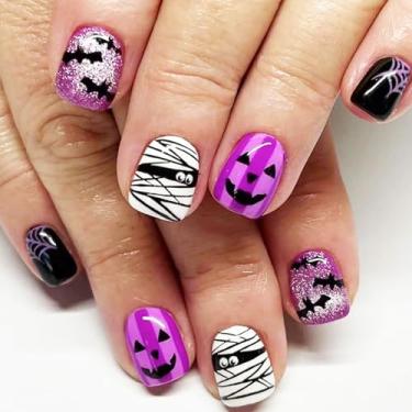 Imagem de 24 peças de unhas postiças quadradas curtas de Halloween com rosto de fantasma fofo, design de teia de aranha, cobertura completa, pontas de unhas de acrílico com glitter, unhas coladas com cola, para
