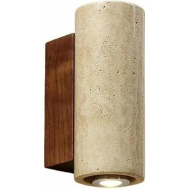 Imagem de Lâmpada de parede moderna E27 arandela de parede de mármore linear madeira natural pedra lâmpada vintage fazenda iluminação de meados do século para sala de estar no quarto (cilindro, 16 * 6 cm)