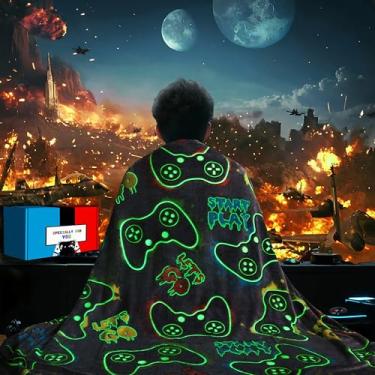 Imagem de Cobertor de jogos que brilha no escuro 152 x 203 cm, cobertor de controle de jogador, presentes de jogos, brinquedos para crianças, filhos adolescentes, meninos, cobertor macio para jogos, gamepad