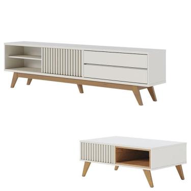 Imagem de Rack Bancada Veneza Off White Matte com Mesa de Centro Jeri Off White Freijó - Colibri