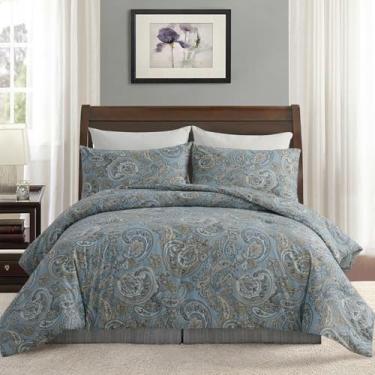 Imagem de Cozaline Conjunto de capa de edredom 100% algodão Queen Size azul Boho Paisley com fecho de zíper, 3 peças, conjuntos de cama luxuosos macios e respiráveis