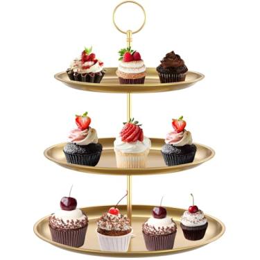 Imagem de Suporte de cupcake de 3 camadas, suporte decorativo de sobremesa, torre de exibição de cupcake de aço inoxidável, suporte de exibição de bolo redondo dourado, suporte de cupcake em camadas, bandeja de