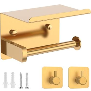 Imagem de Suporte de papel higiênico com prateleira de telefone, suporte de rolo de papel higiênico de parede com 2 ganchos adesivos para toalhas, dispensador de armazenamento de bobina de lenços de aço