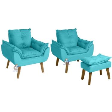 Imagem de Kit 02 Poltrona E Puff Opala Suede Azul Turquesa Smf Decor