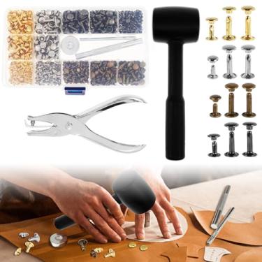 Imagem de ZJMCAJY Kit de 480 peças de rebites de couro, 4 cores, 3 tamanhos, conjunto de rebites de tampa dupla de metal com martelo e alicate de perfuração, rebite de couro, decoração de couro, kit sortido