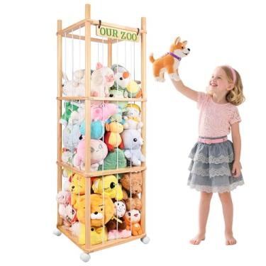Imagem de SHWWQUE Organizador de brinquedos de madeira para animais de pelúcia de 137 cm de altura, armazenamento de zoológico, com faixa elástica, gaiola de brinquedo de pelúcia de grande capacidade para salas
