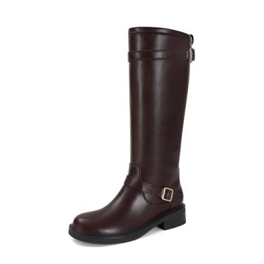 Imagem de SOVANYOU Botas de equitação até o joelho femininas, bico redondo, sem cadarço, salto grosso, botas de couro, confortáveis, modernas, fivelas casuais, vintage, botas altas, Marrom, 36