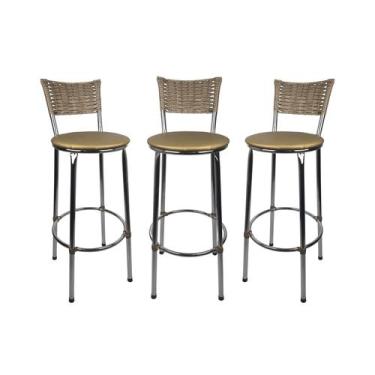 Imagem de KIT 3 Banquetas Alta Cromada Junco CAPPUCCINO Cozinha Balcão Bancada -