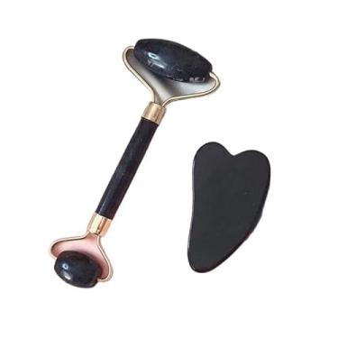 Imagem de Rolo Pedra de Jade Placa Gua Sha Massagem Facial Anti Ruga(Preto com Pedra)