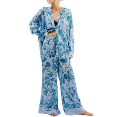 Imagem de Conjunto de pijamas femininos Yoawdats, cetim macio, floral, 2 peças (
