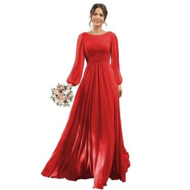 Imagem de Vestido de dama de honra YOFF 2024 de mangas compridas, chiffon vermel