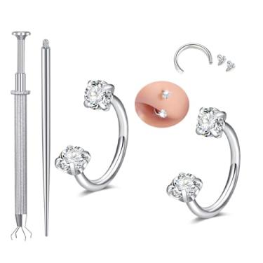 Imagem de MODRSA Anel de nariz em ferradura 20 g argola de nariz de sapato de cavalo para mulheres aço cirúrgico prata meio brinco argolas em forma de U duplo gema tragus aros labret lábio hélice piercing joias