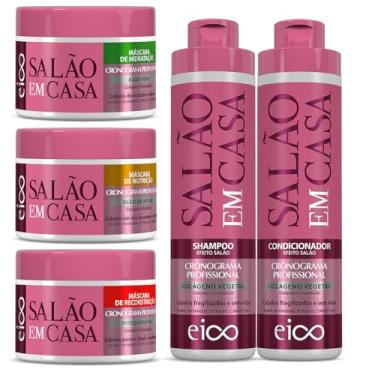 Imagem de Kit Eico Salão Em Casa Cronograma Shampoo 800ml e Condicionador 750ml e Máscaras Tratamento Cronograma Hidratação Nutrição e Reconstrução 270g
