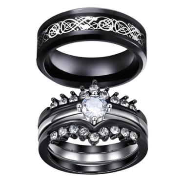 Imagem de ringheart 2 anéis, para ele e ela, anéis de casamento banhados a preto, 3 peças, conjuntos de alianças de casamento femininas de aço de titânio para homens, women size9 & men size8, Metal Cristal