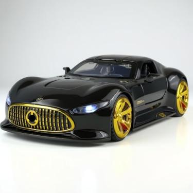 Imagem de Mercedes AMG GT Miniatura 1:32, Carro de Luxo Preto com Rodas Douradas, Luzes LED, Portas e Capô Funcionais, Som de Motor e Aerofólio Ajustável