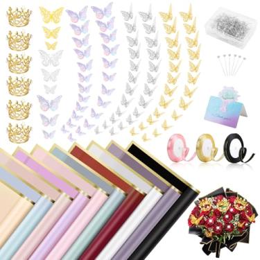 Imagem de KEDEMAS Kit de papel de embrulho de flores de 401 peças, 100 folhas de papel buquê, 3 rolos de fita, 20 cartões comemorativos, 200 broches de flores, 72 borboletas 3D e 6 coroas - perfeito para