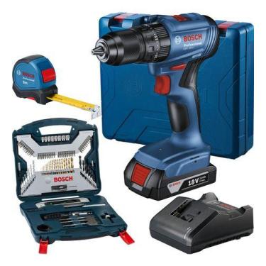Imagem de Furadeira Impacto Bosch Gsb 185 Li E 1 Bateria Kit 100 Peças - Azul
