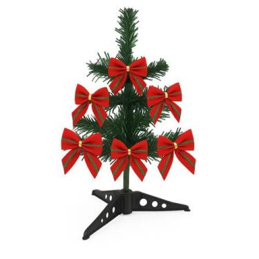 Imagem de Mini Árvore de Natal Decorada 30cm com 6 Laços Vermelho e Verde Galão 